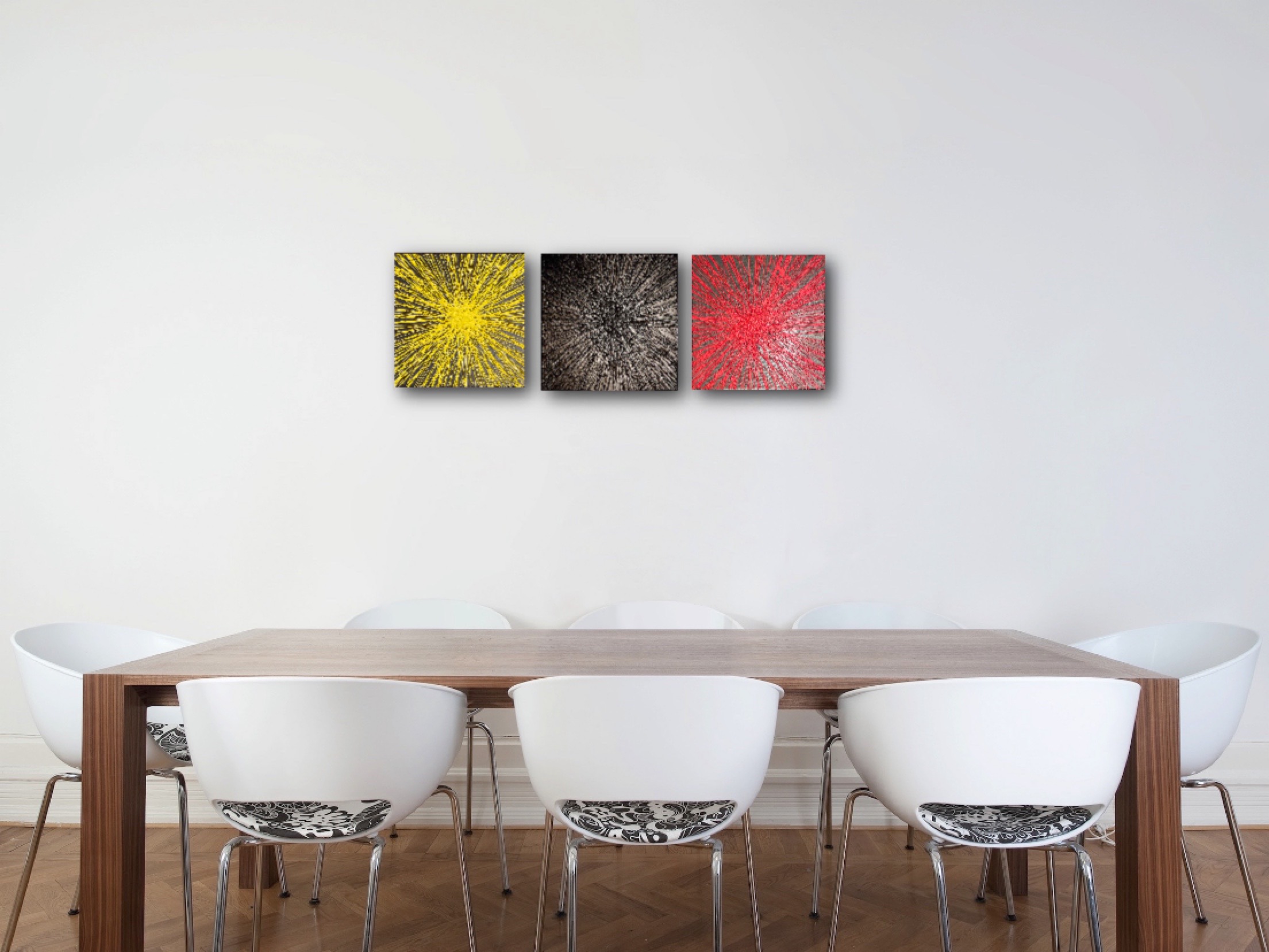 Raw Ideas - Three-panel abstract painting series by Mohabbat Ahmadi in yellow, red and black